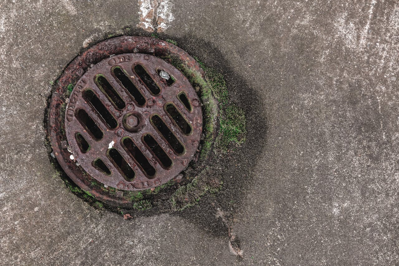 about-us Close-up photo of a rusty drain grate with moss, offering a textured urban look.